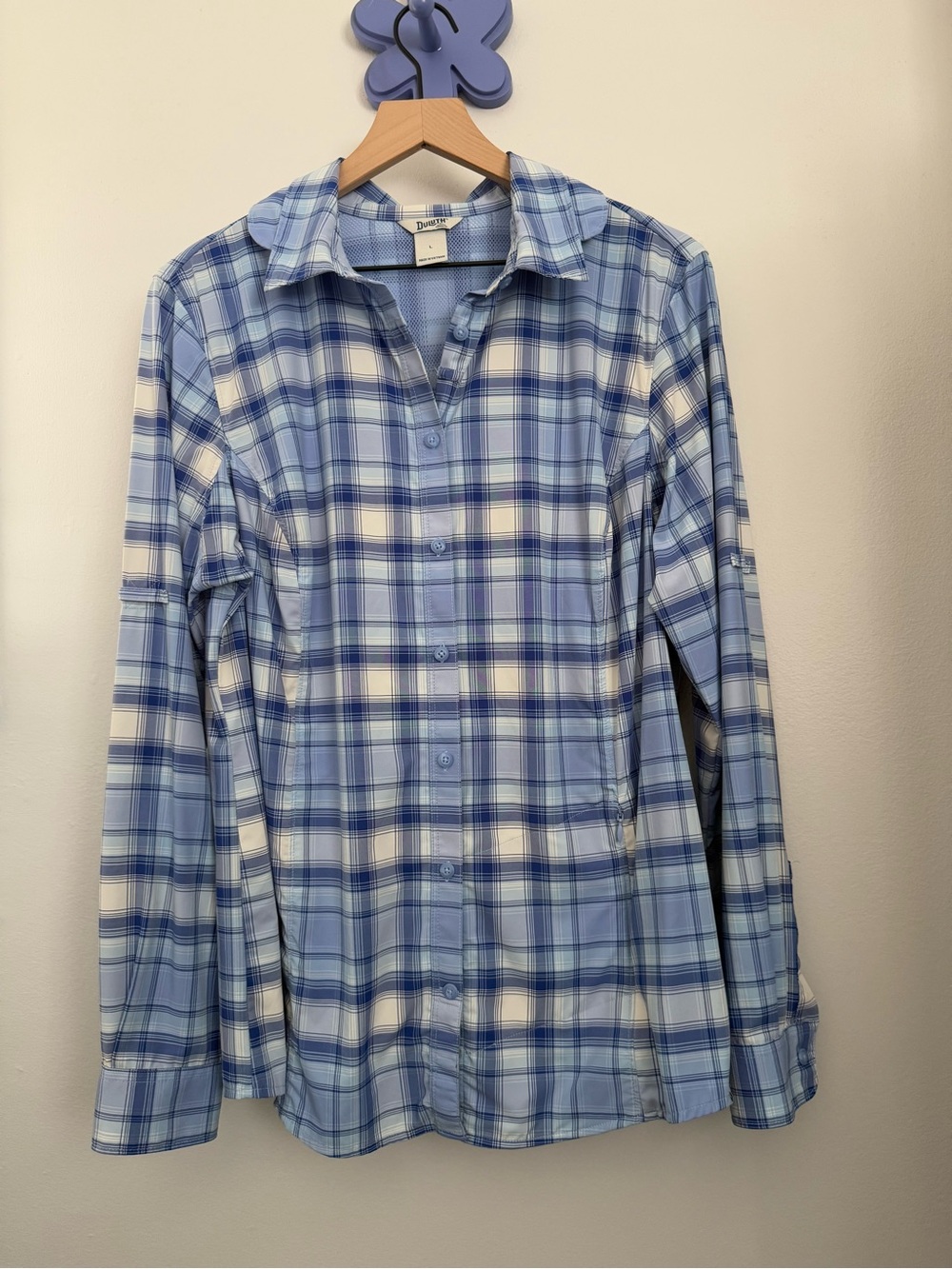 Duluth Trading Women Large Light Blue Plaid Long Sleeve Shirt Outdoor Hike Trail